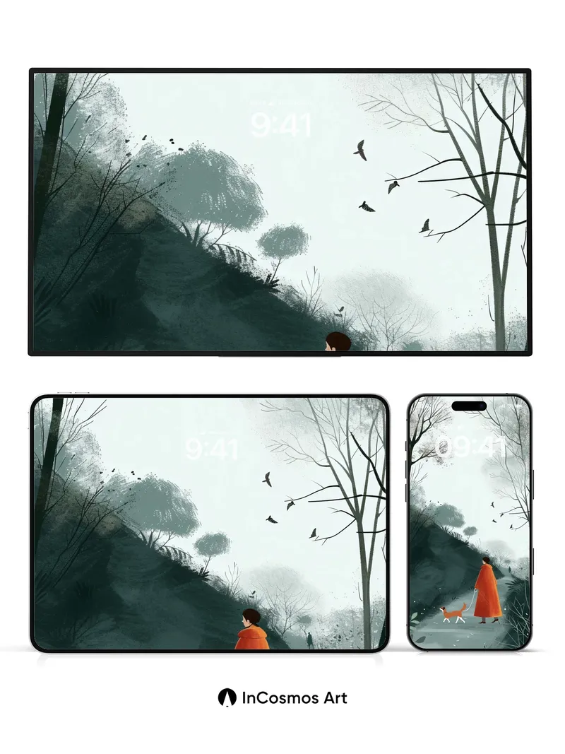 Misty Path Wallpaper with Orange Cloak