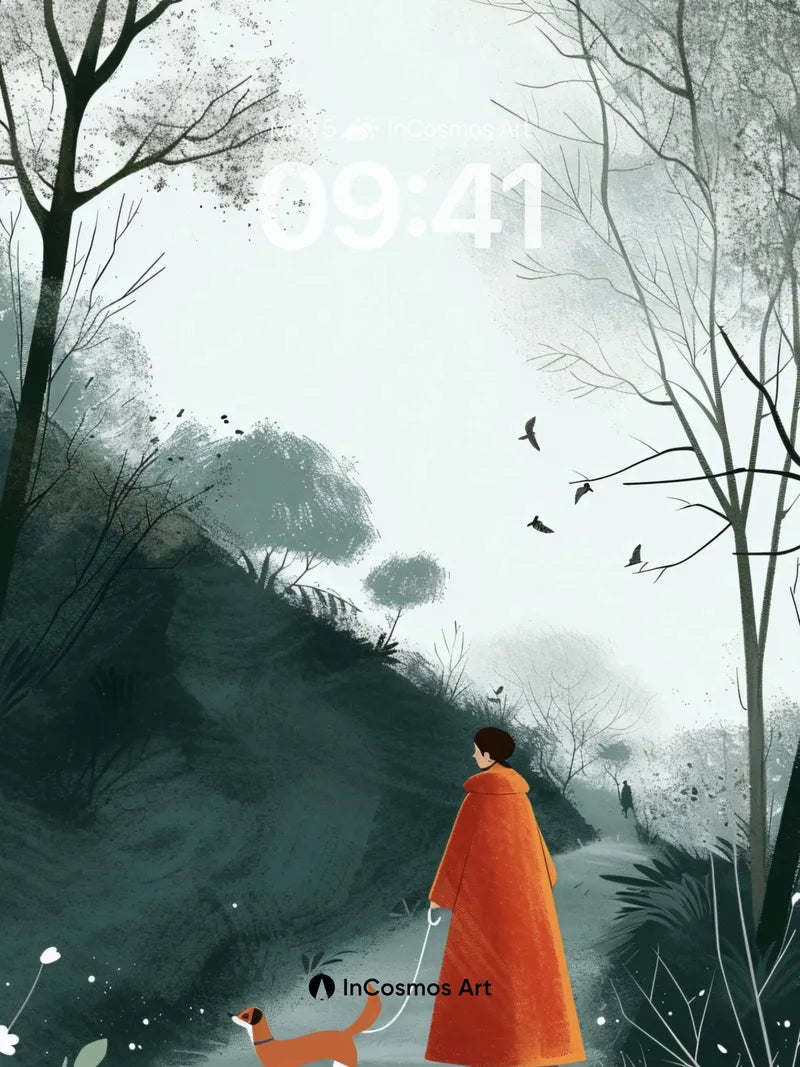 Misty Path Wallpaper with Orange Cloak