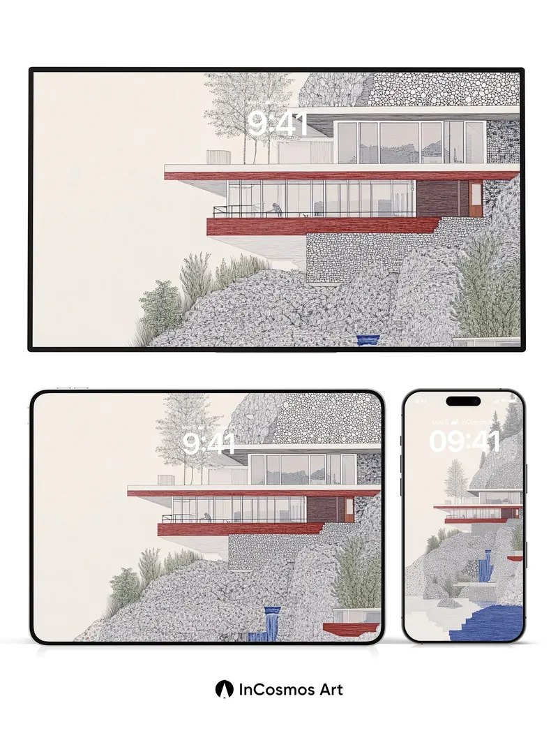 Stone Whisper Wallpaper with Floating Glass Terraces