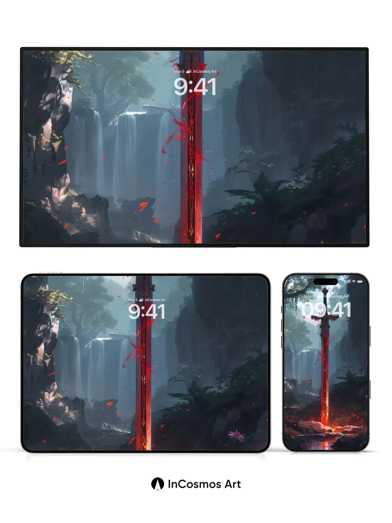 Crimson Blade Wallpaper with Forest Veil