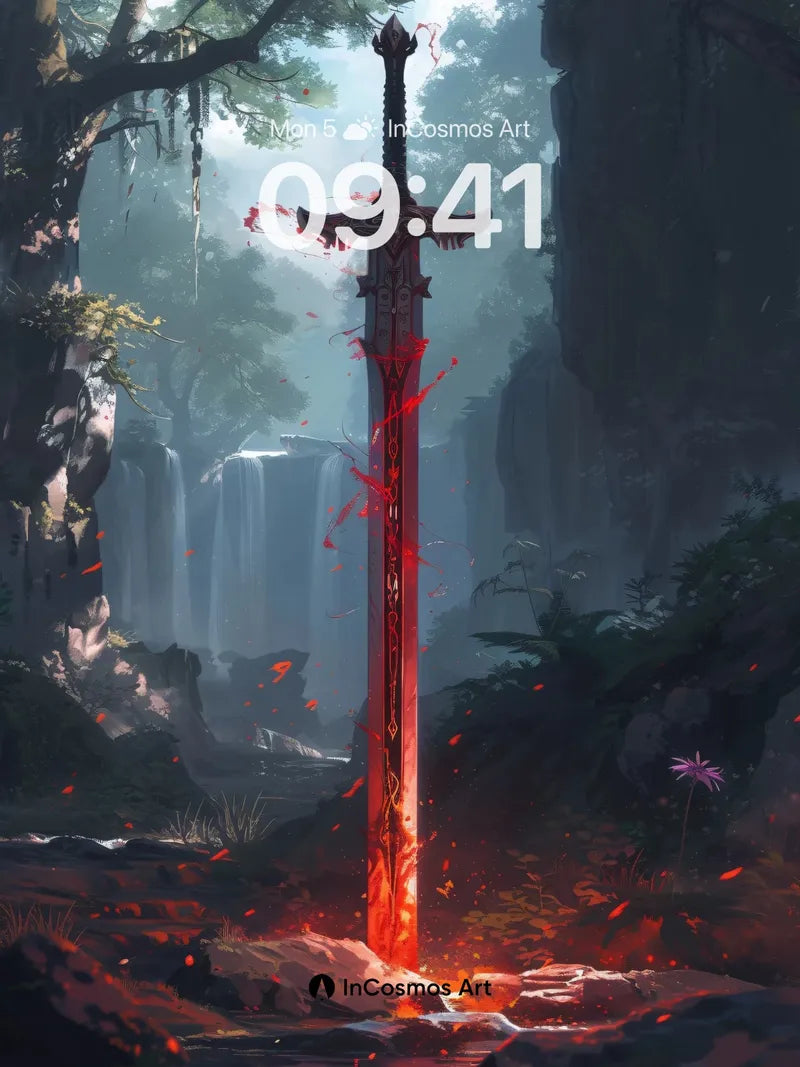 Crimson Blade Wallpaper with Forest Veil