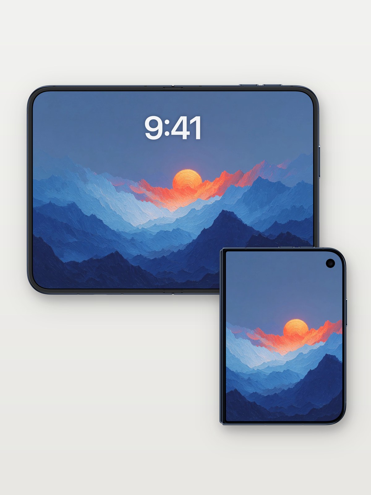 Amber Haze Mountain Wallpaper with Layered Silhouettes on iPhone Duo, open and closed