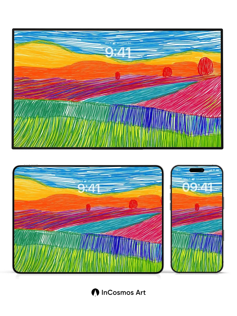 Whimsical Horizon Wallpaper with Crayon Fields