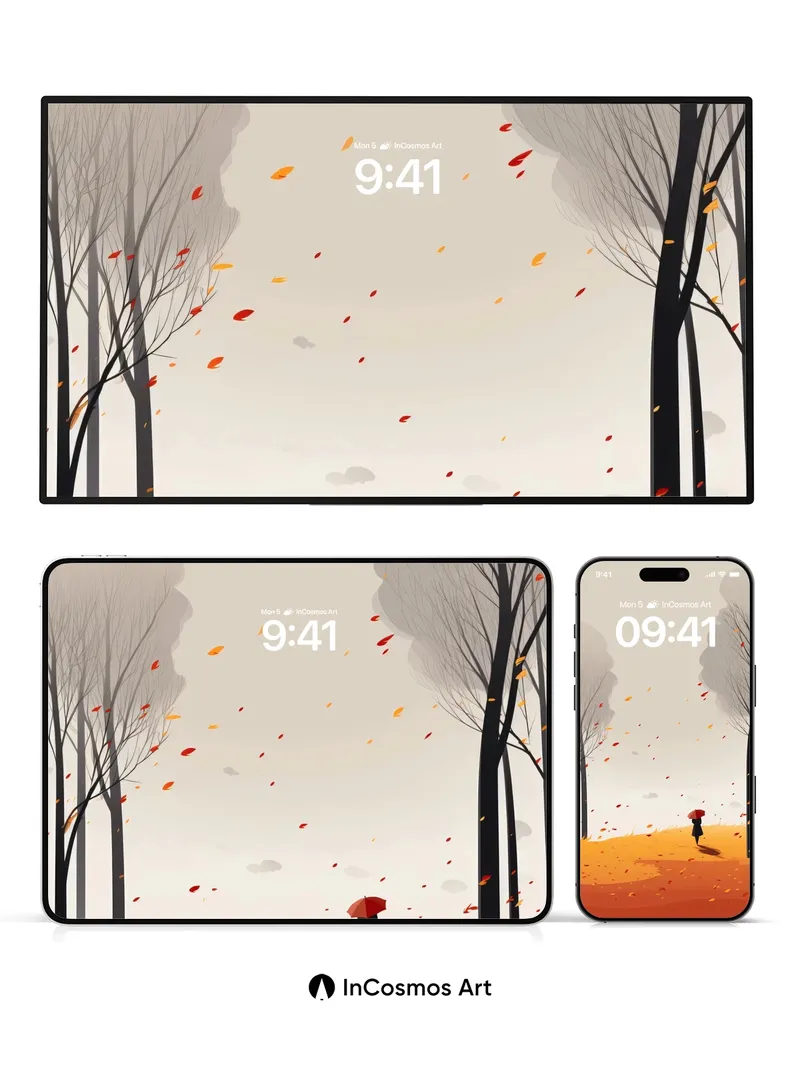 Autumn Whisper Wallpaper with Red Umbrella Silhouette