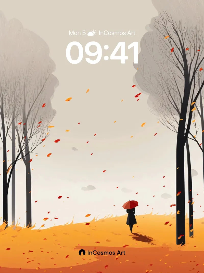 Autumn Whisper Wallpaper with Red Umbrella Silhouette