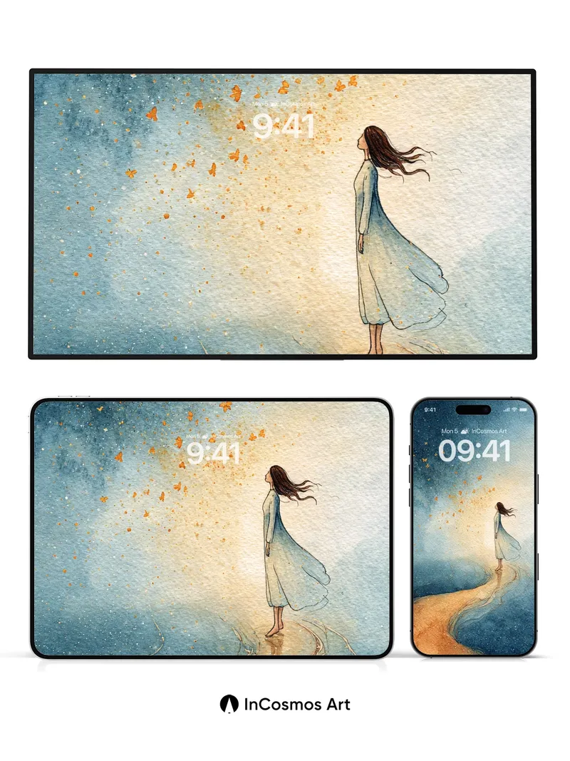 Starry Pathway Wallpaper with Floating Butterflies