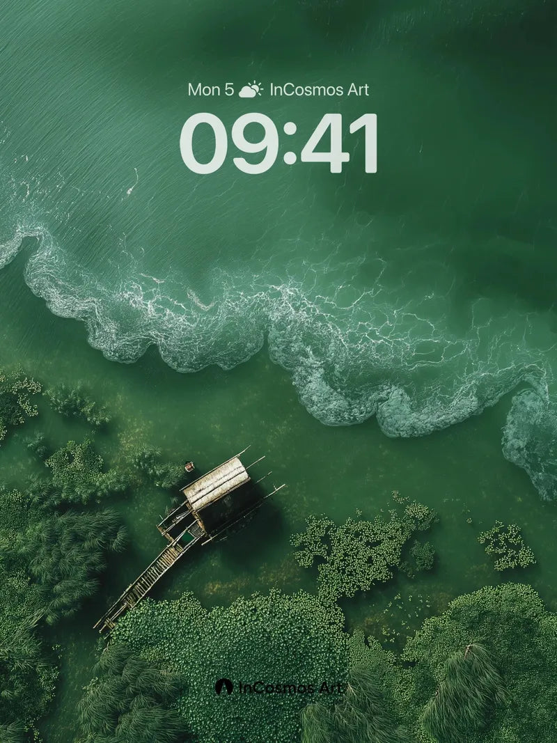 Emerald Stillness Wallpaper with Floating Hut wallpaper for iPhone, iPad & Mac