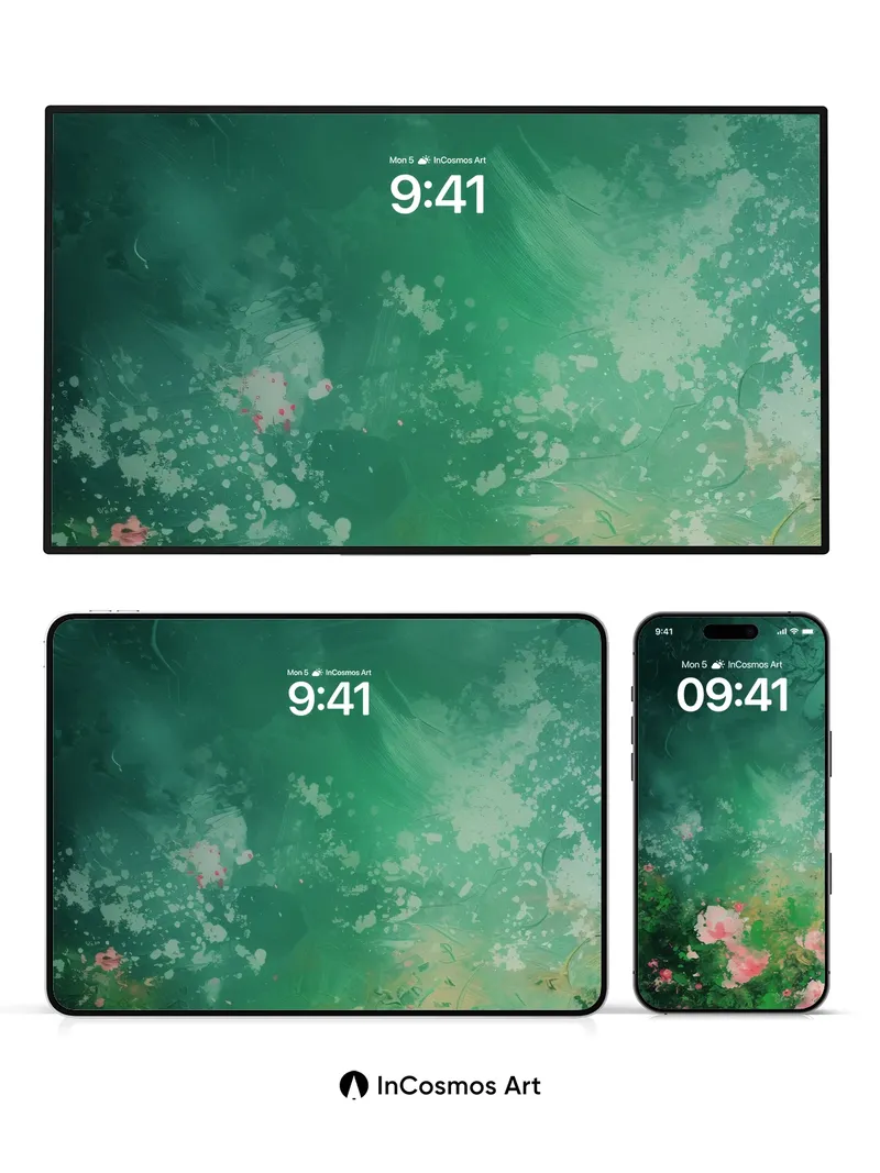 Emerald Hush Wallpaper with Floating Petals