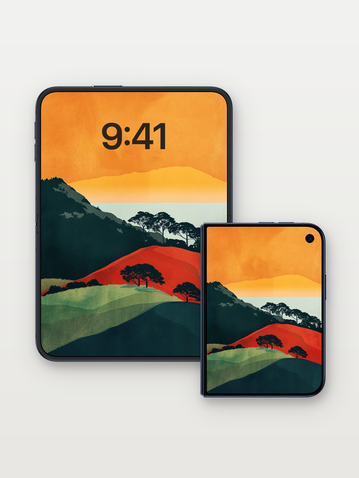 Crimson Horizon Wallpaper with Shadowed Pines on iPhone Duo, open and closed