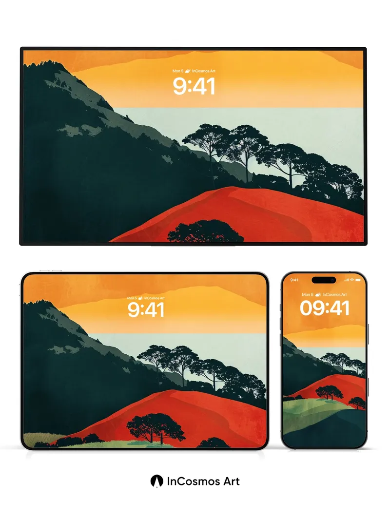 Crimson Horizon Wallpaper with Shadowed Pines