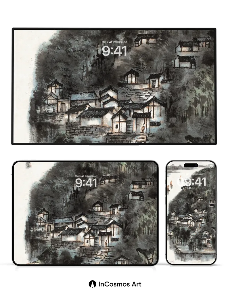Misty River Village Wallpaper with Ink-Brush Depth