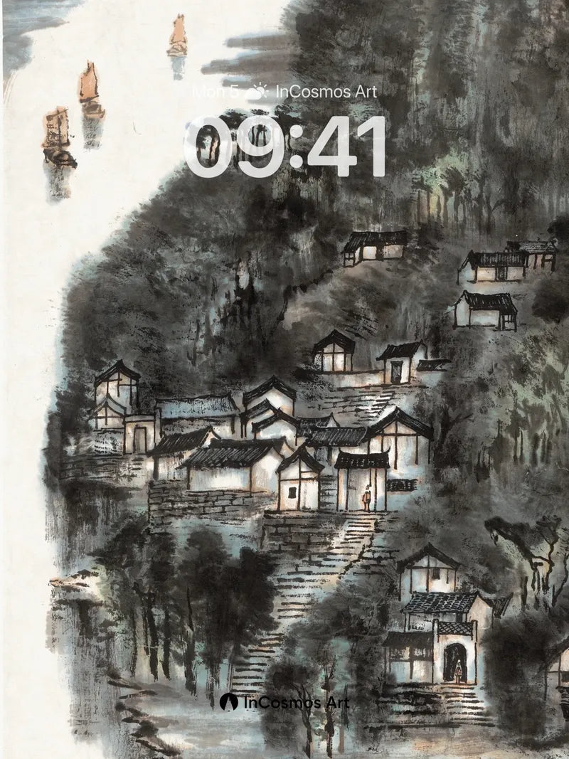 Misty River Village Wallpaper with Ink-Brush Depth