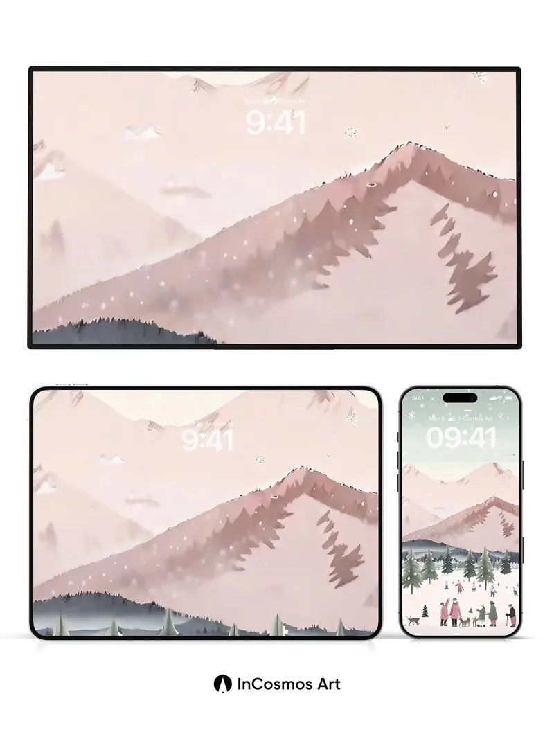 Serene Snowfall Wallpaper with Mountain Whispers