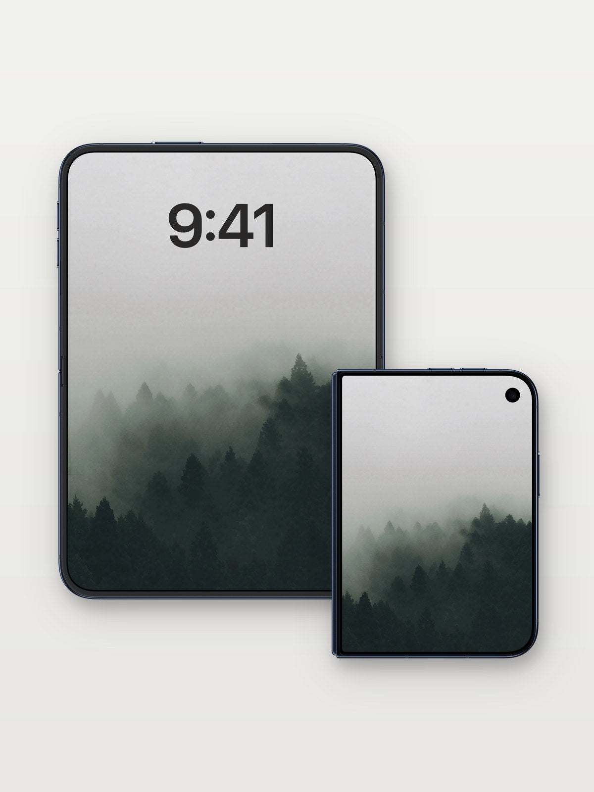 Mist-Cradled Forest Wallpaper with Whispering Pines on iPhone Duo, open and closed