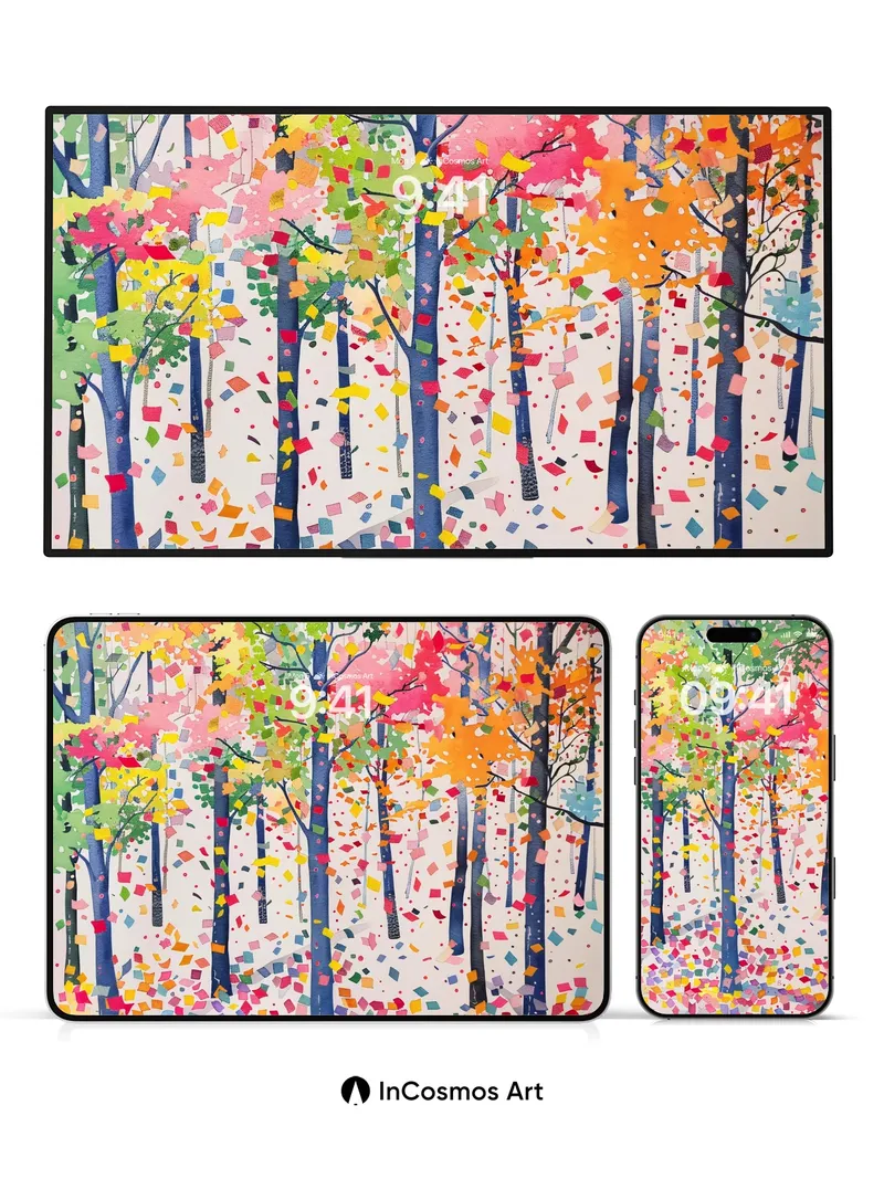 Chromatic Forest Wallpaper with Floating Fragments