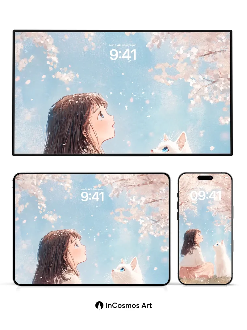 Serenity Cherry Bloom Wallpaper with Feline Companion