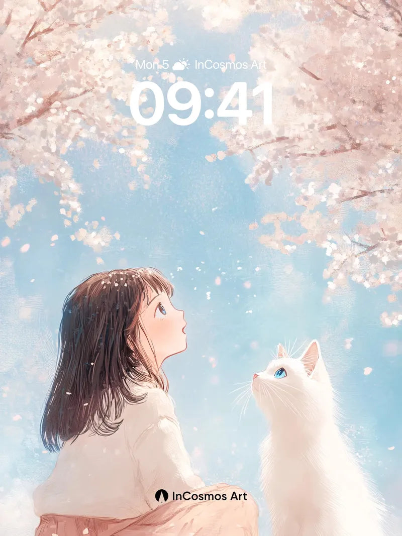 Serenity Cherry Bloom Wallpaper with Feline Companion wallpaper for iPhone, iPad & Mac