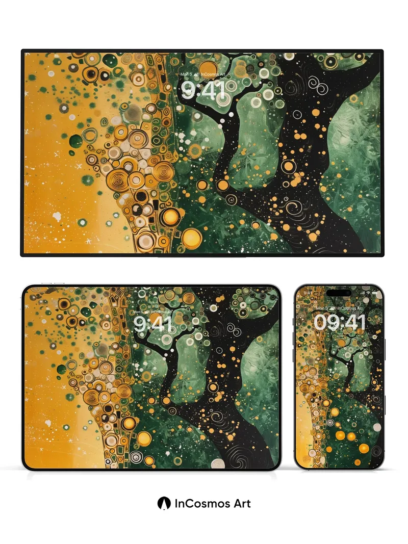 Golden Vein Tree Wallpaper with Cosmic Circles