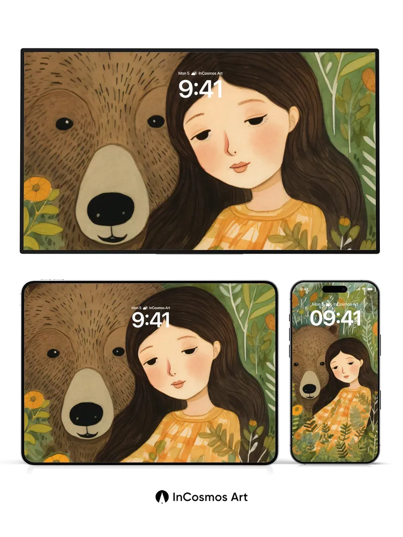 Whispering Woods Wallpaper with Bear and Girl