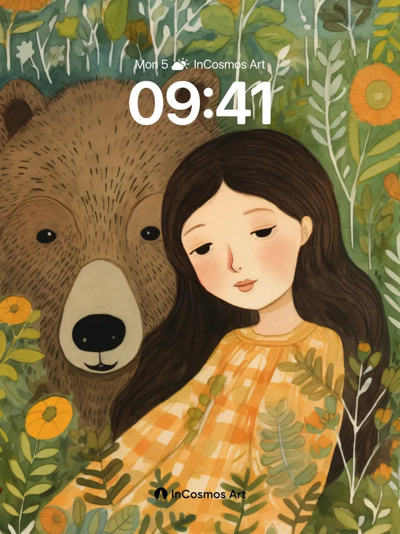 Whispering Woods Wallpaper with Bear and Girl
