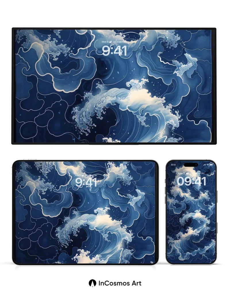 Midnight Surge Wallpaper with Hokusai Waves