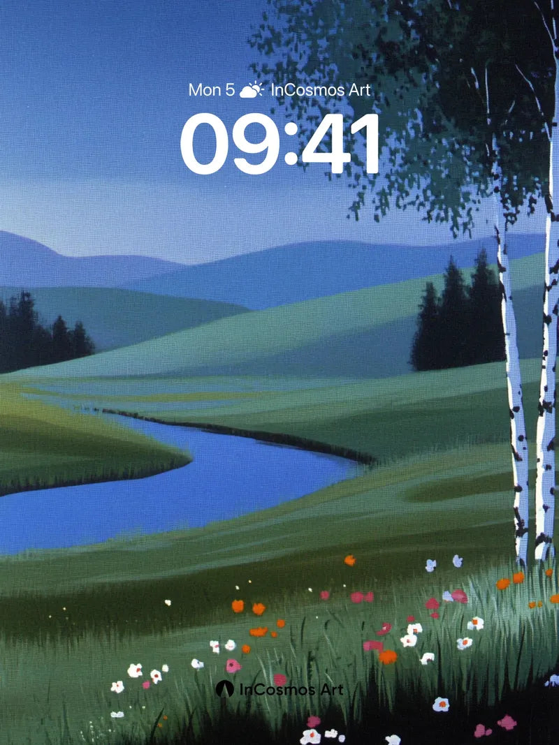 Serenity River Wallpaper with Whispering Birches wallpaper for iPhone, iPad & Mac
