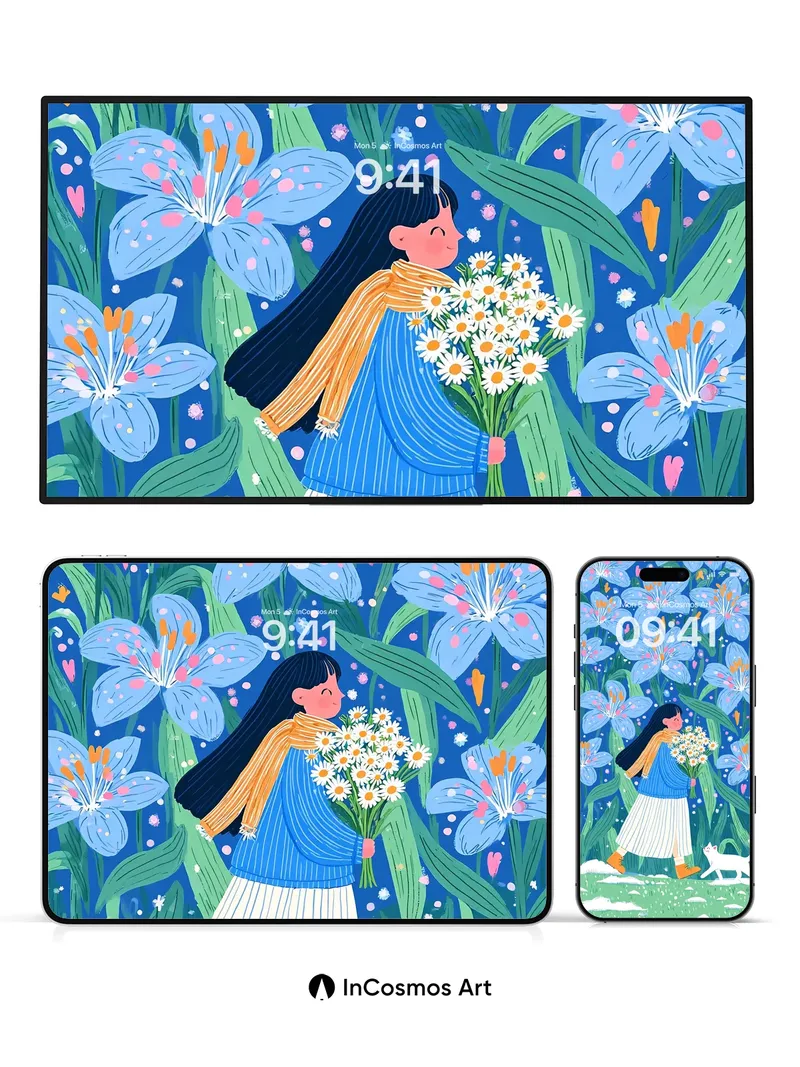 Whispering Bloom Wallpaper with Feline Companion