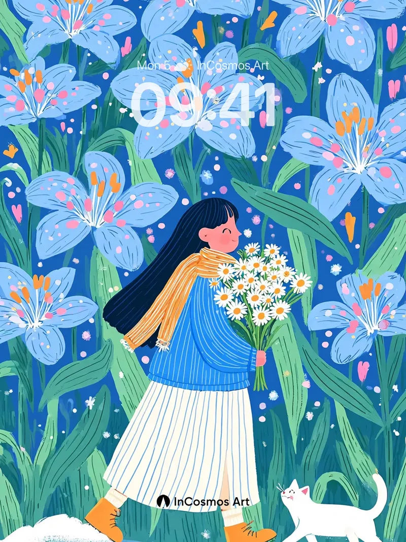 Whispering Bloom Wallpaper with Feline Companion