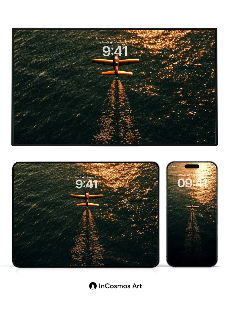 Golden Hour Seaplane Wallpaper with Sunlit Trails