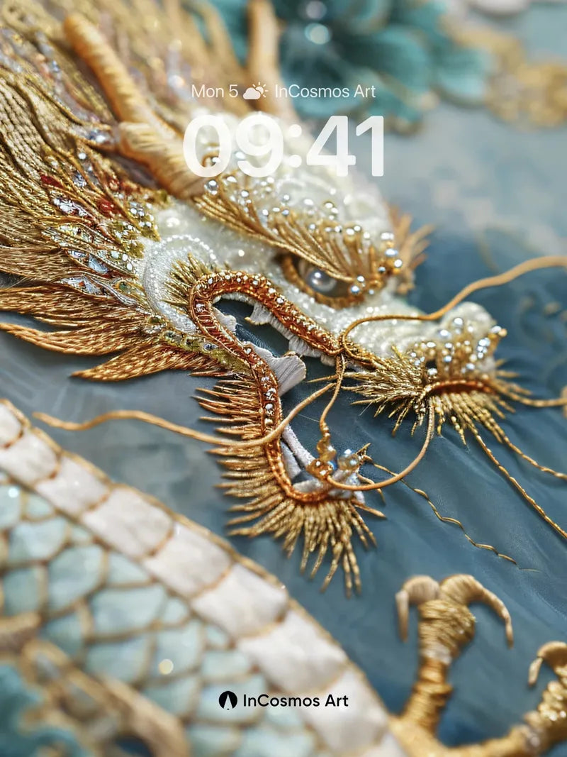 Golden Dragon Embroidery Wallpaper with Pearl Accents wallpaper for iPhone, iPad & Mac