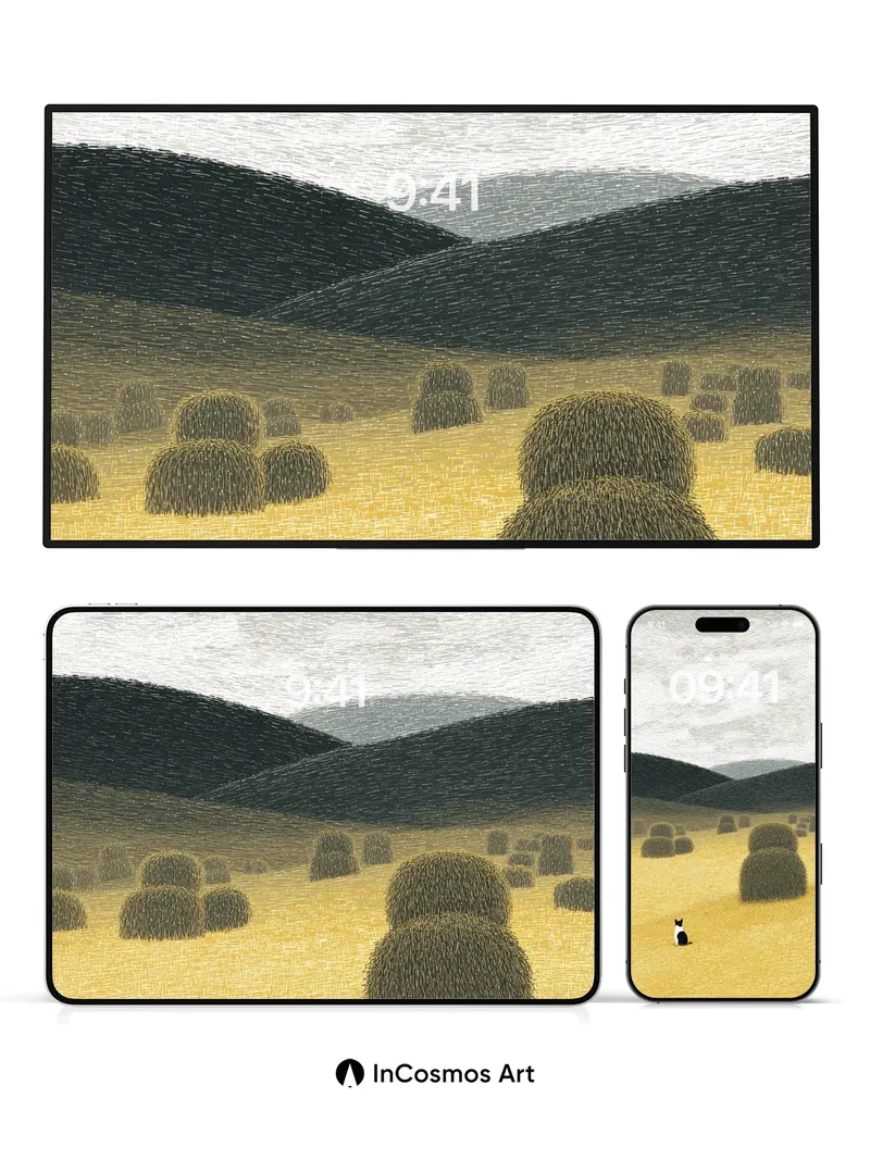 Serenity Hayfield Wallpaper with Solitary Cat