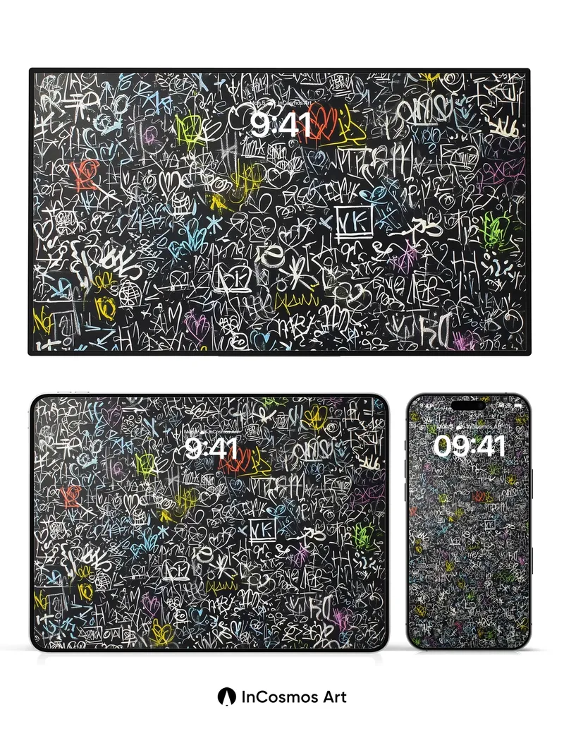 Chalkboard Chaos Wallpaper with Neon Hearts