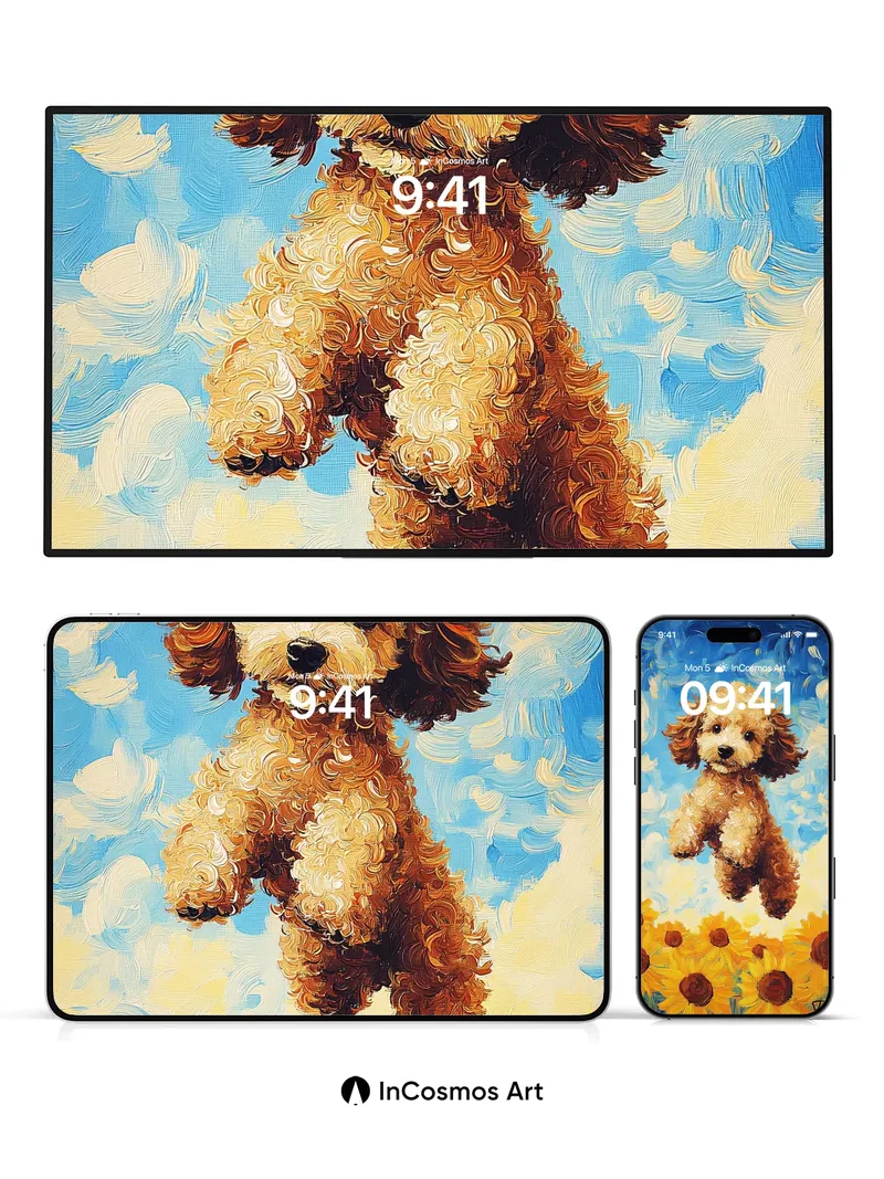Whimsical Poodle Leap Wallpaper with Sunflower Sky
