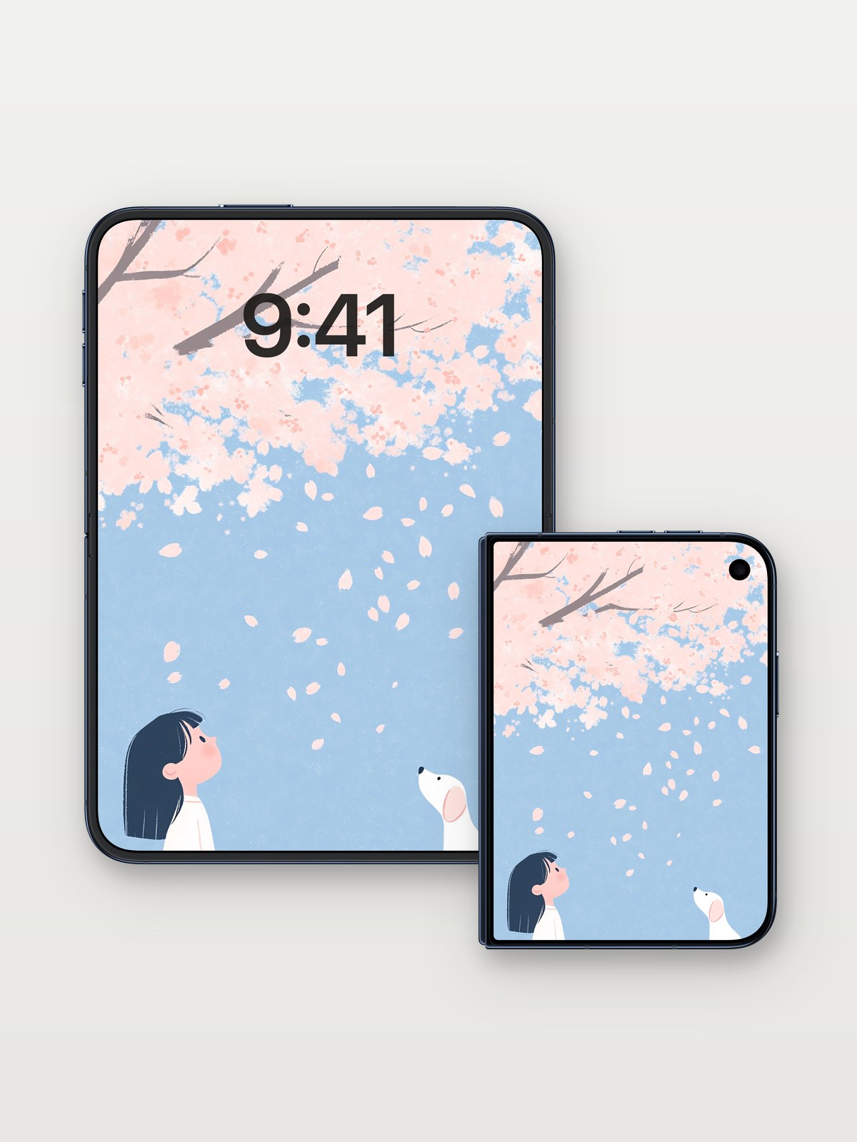 Serenity in Cherry Petal Wallpaper with Floating Whispers on iPhone Duo, open and closed