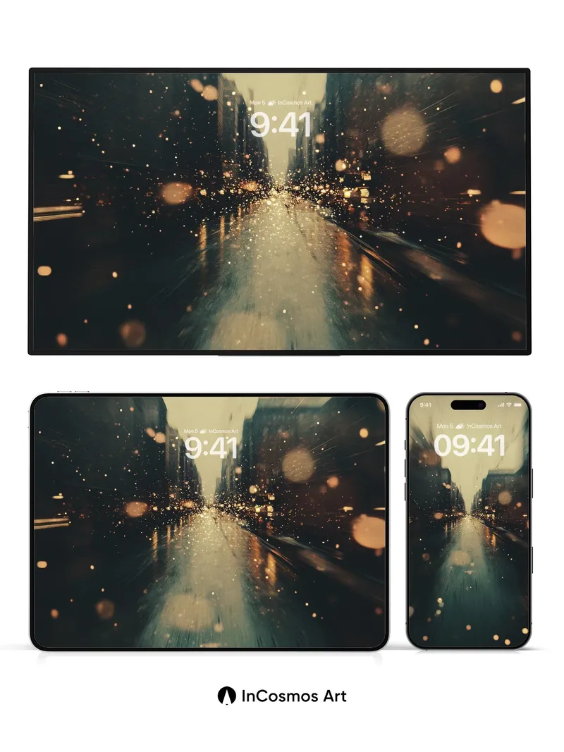 Rain-Slicked Neon Wallpaper with Ghostly Lights