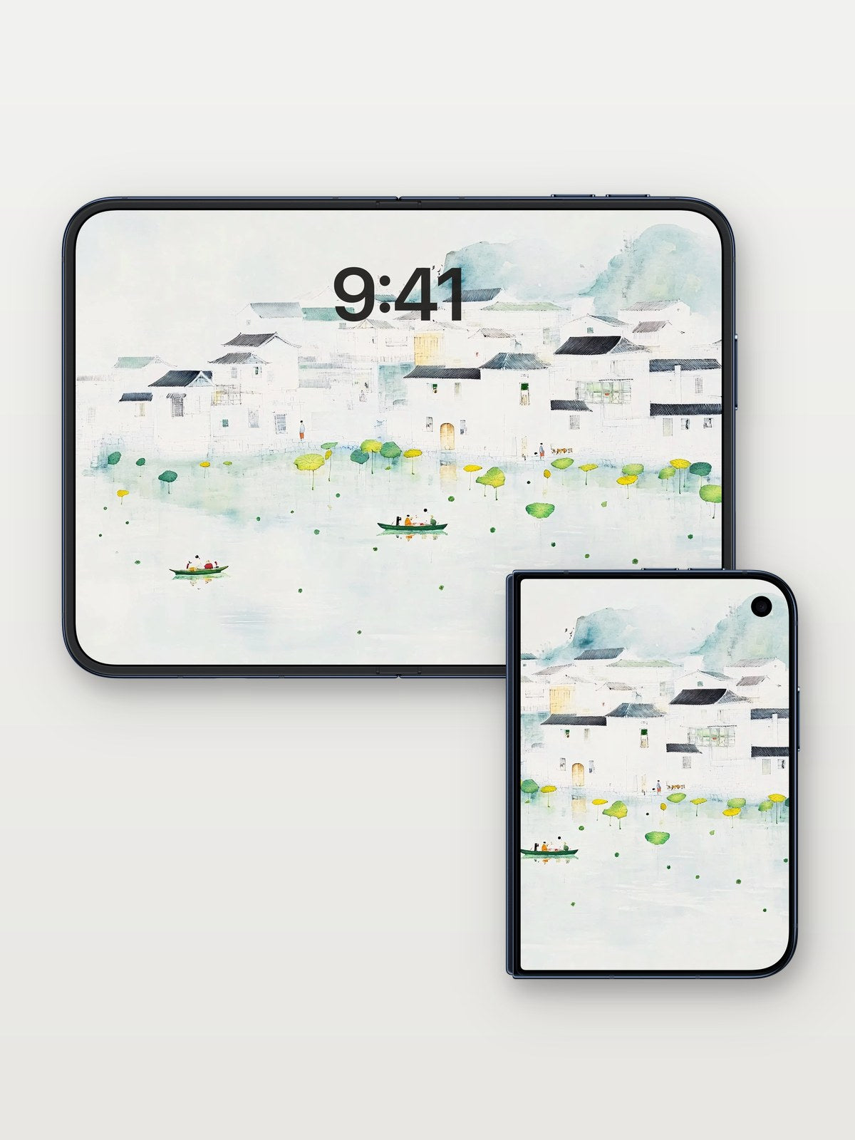 Serene Watercolor Village Wallpaper with Floating Lotus on iPhone Duo, open and closed
