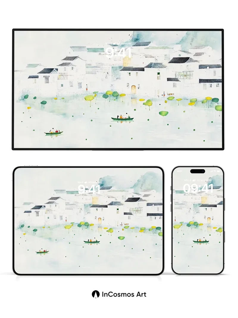 Serene Watercolor Village Wallpaper with Floating Lotus