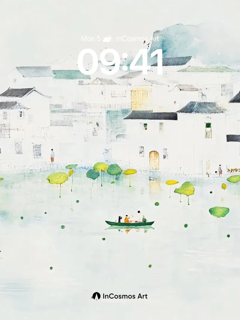 Serene Watercolor Village Wallpaper with Floating Lotus