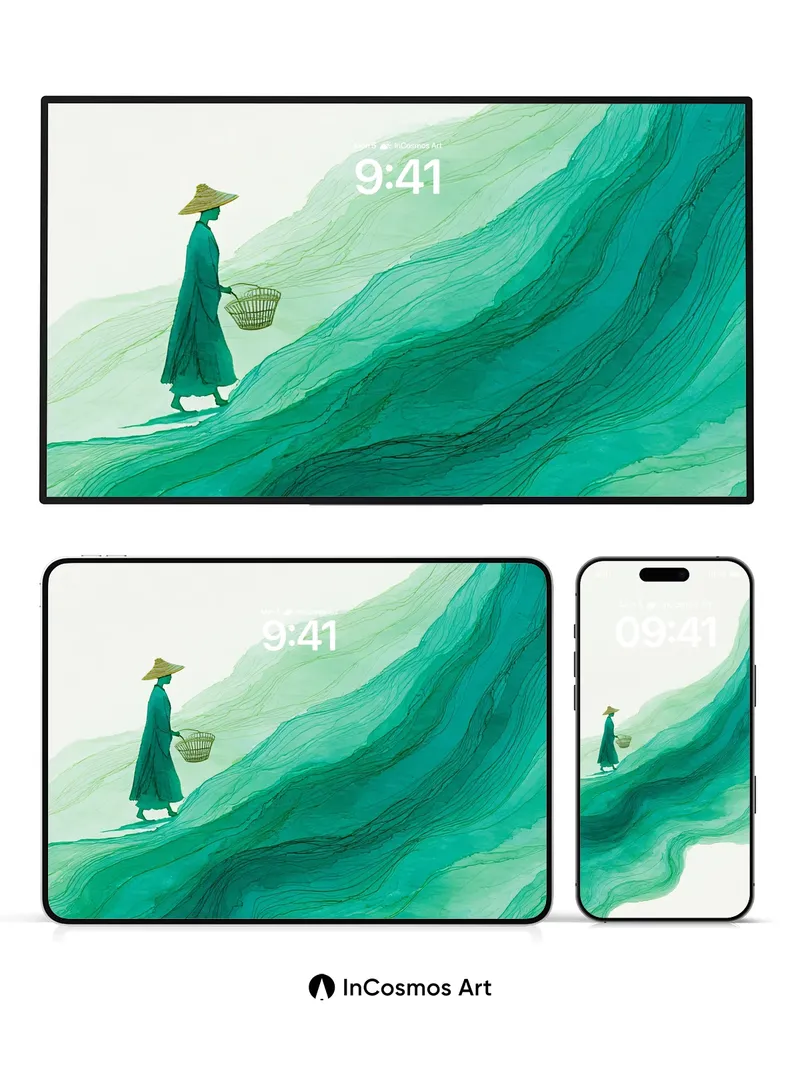 Serenity Wave Wallpaper with Floating Farmer