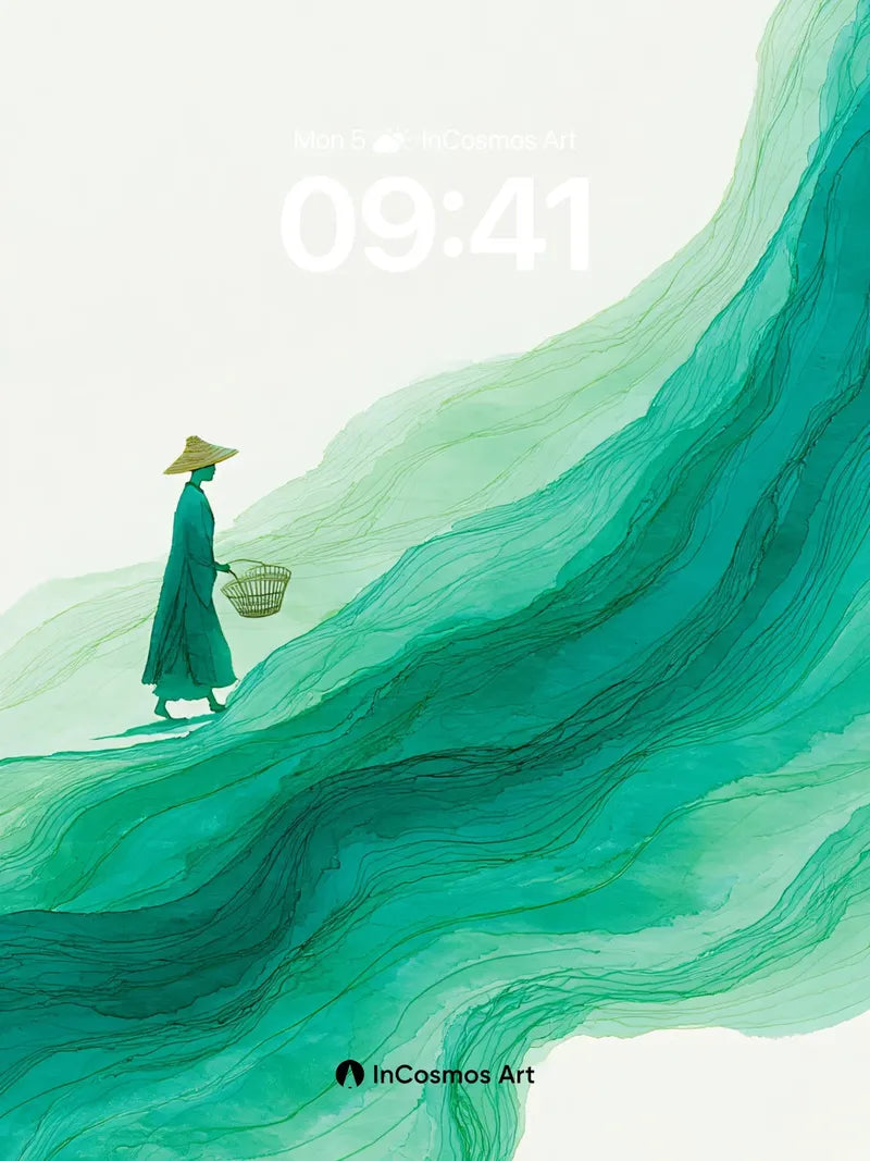 Serenity Wave Wallpaper with Floating Farmer