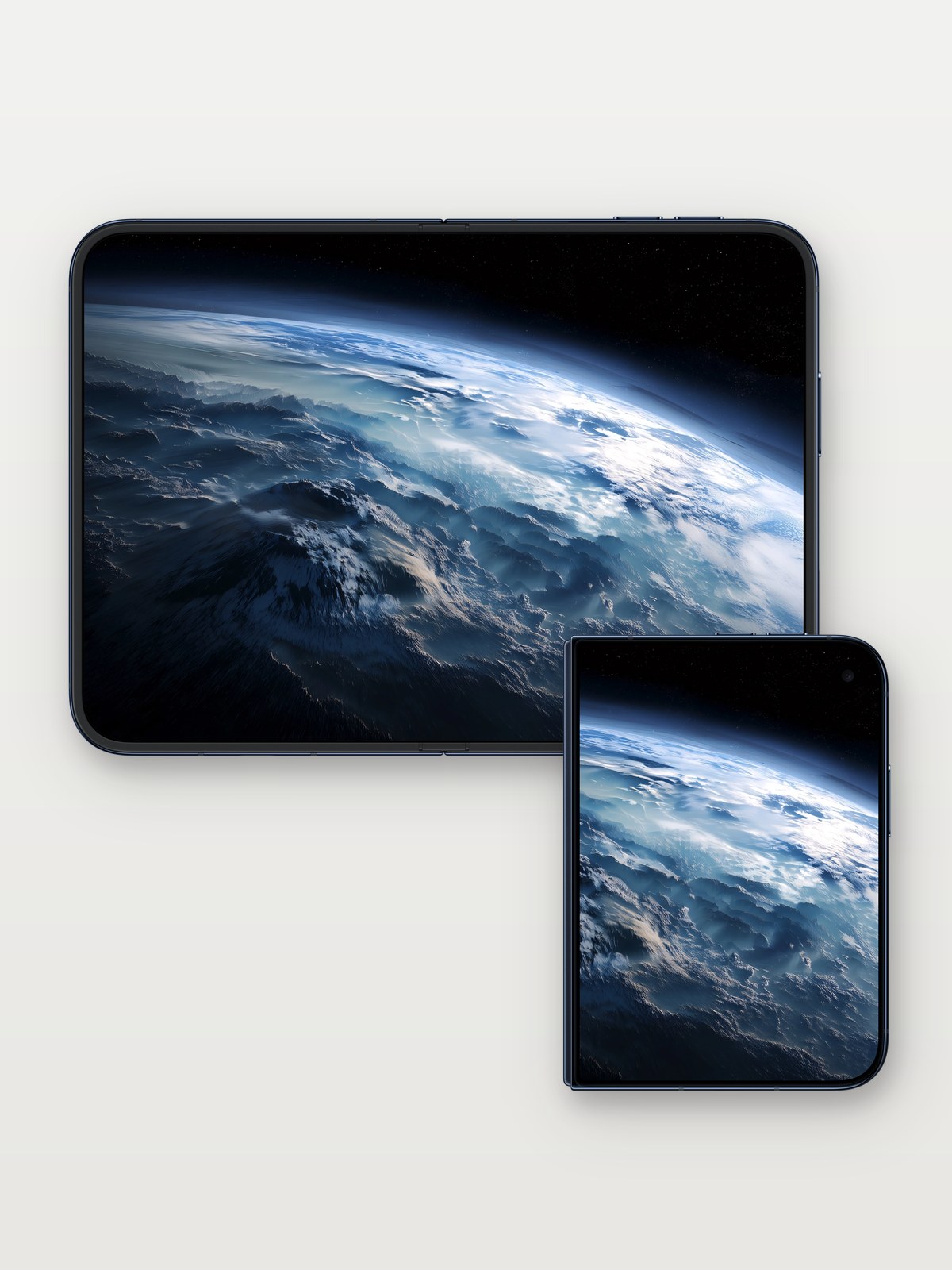 Cosmic Serenity Wallpaper with Earth's Breath on iPhone Duo, open and closed