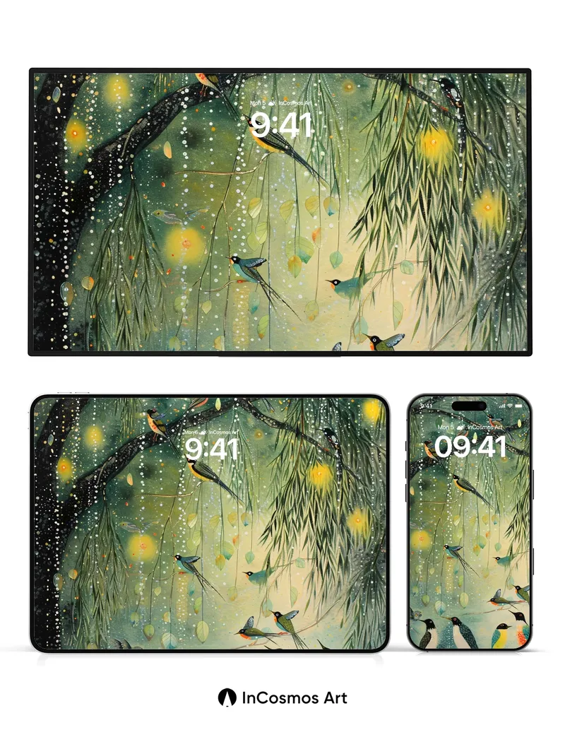 Whispering Canopy Wallpaper with Starlit Birds