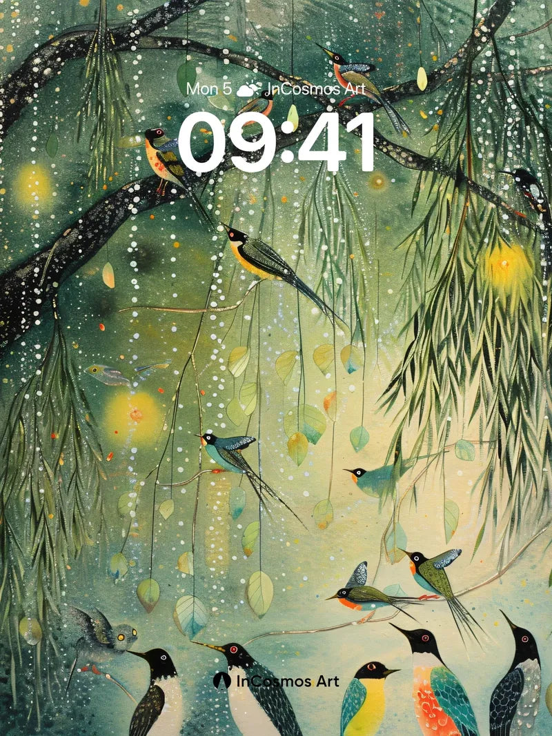Whispering Canopy Wallpaper with Starlit Birds wallpaper for iPhone, iPad & Mac
