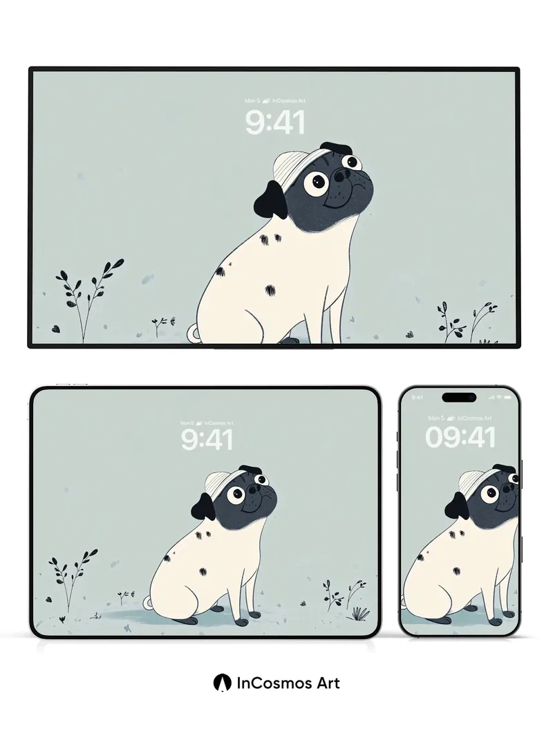 Whimsical Pug Wallpaper with Dotted Charm