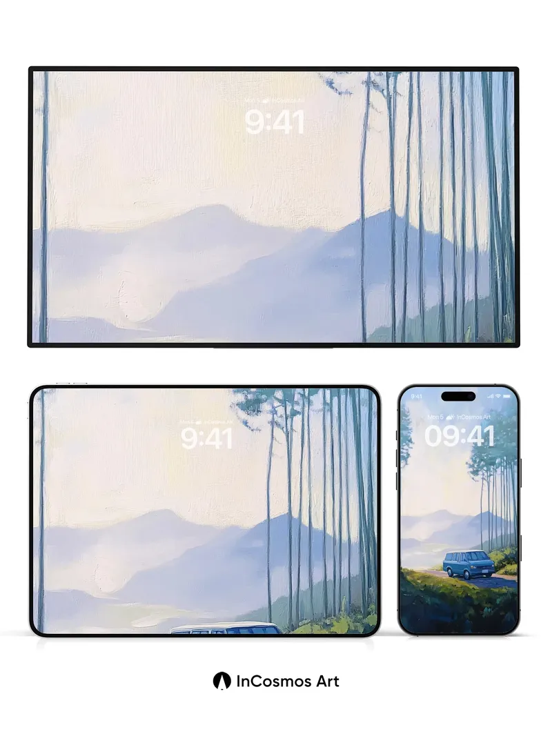 Calm Blue Van Wallpaper with Misty Mountain Hush