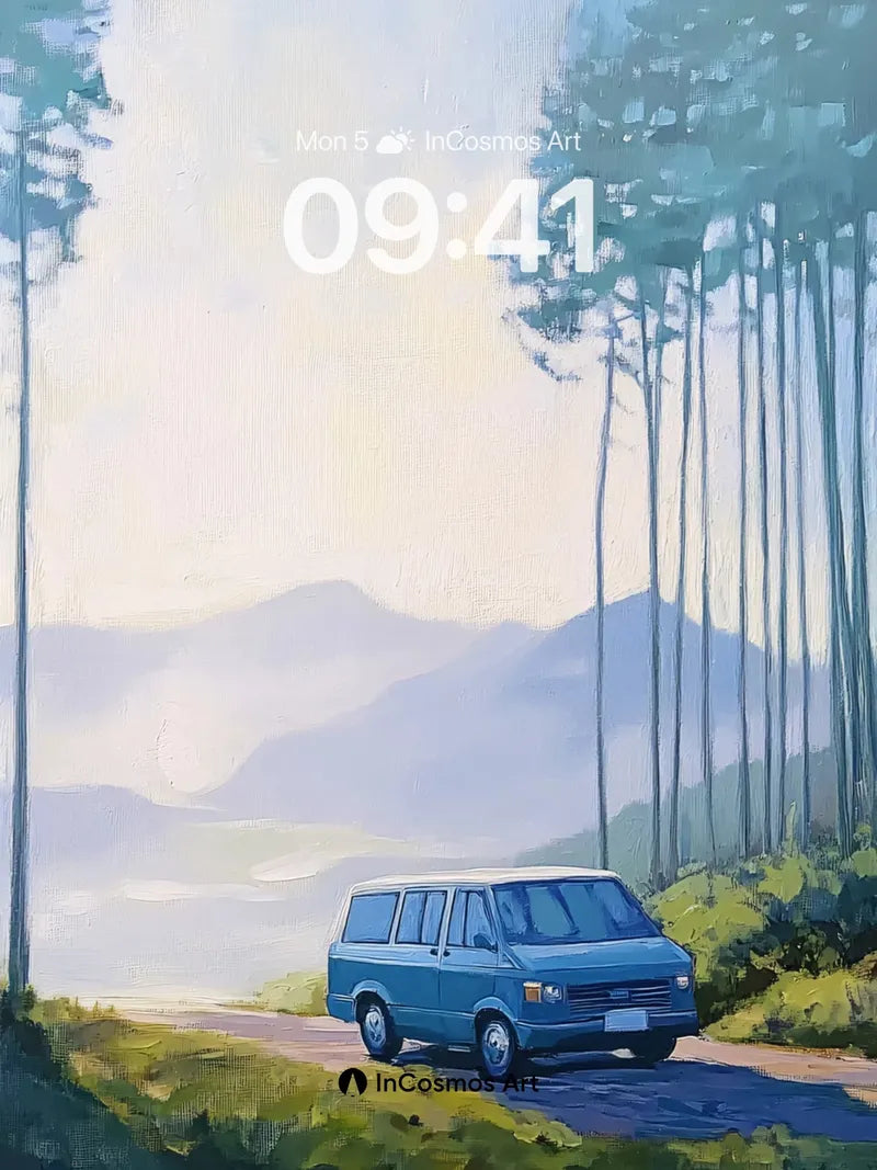 Calm Blue Van Wallpaper with Misty Mountain Hush