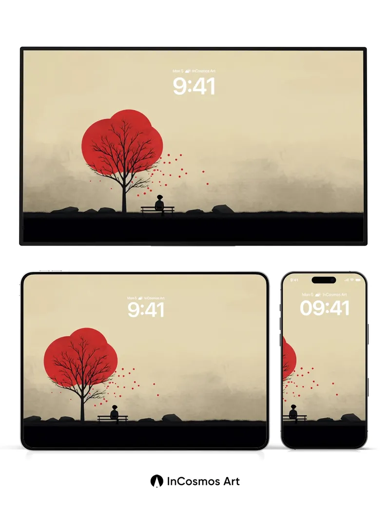 Serenity Under Crimson Canopy Wallpaper with Silent Figure