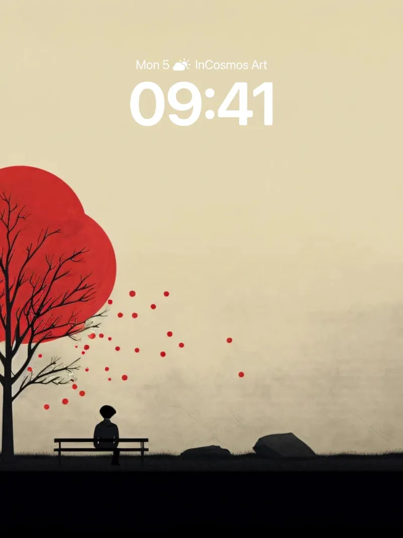 Serenity Under Crimson Canopy Wallpaper with Silent Figure