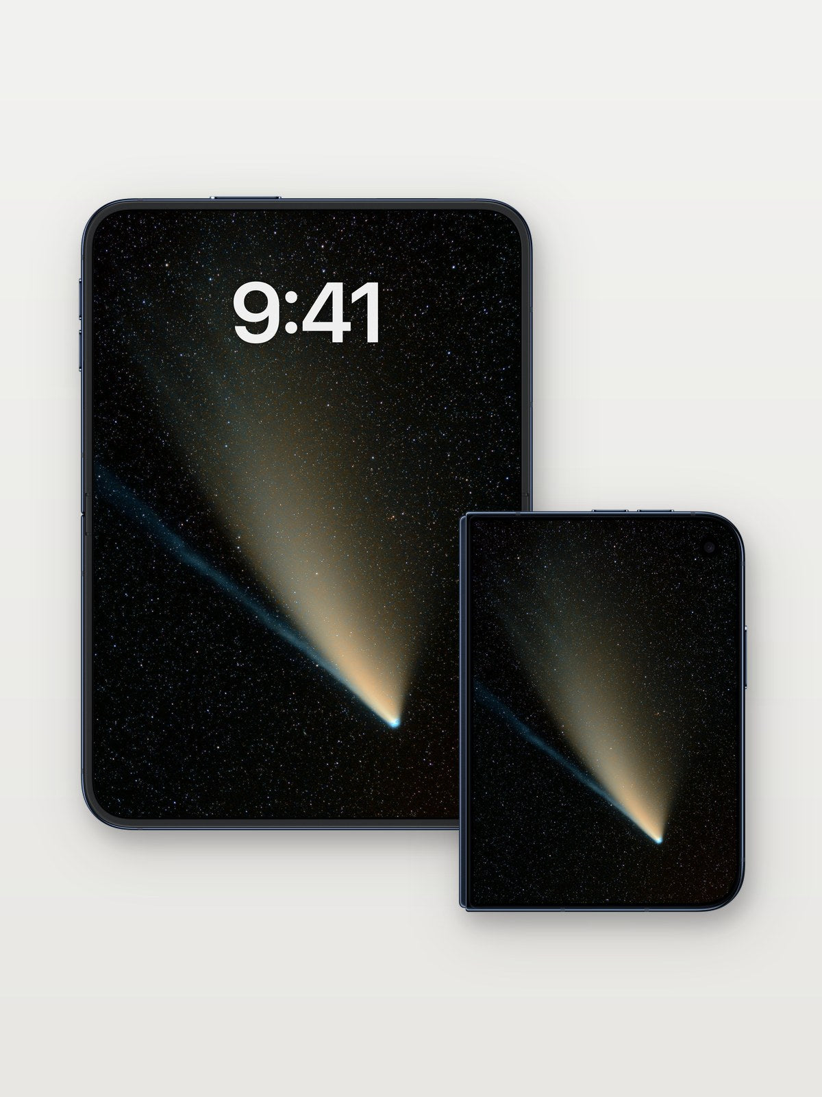 Cosmic Whisper Wallpaper with Starlight Tail on iPhone Duo, open and closed