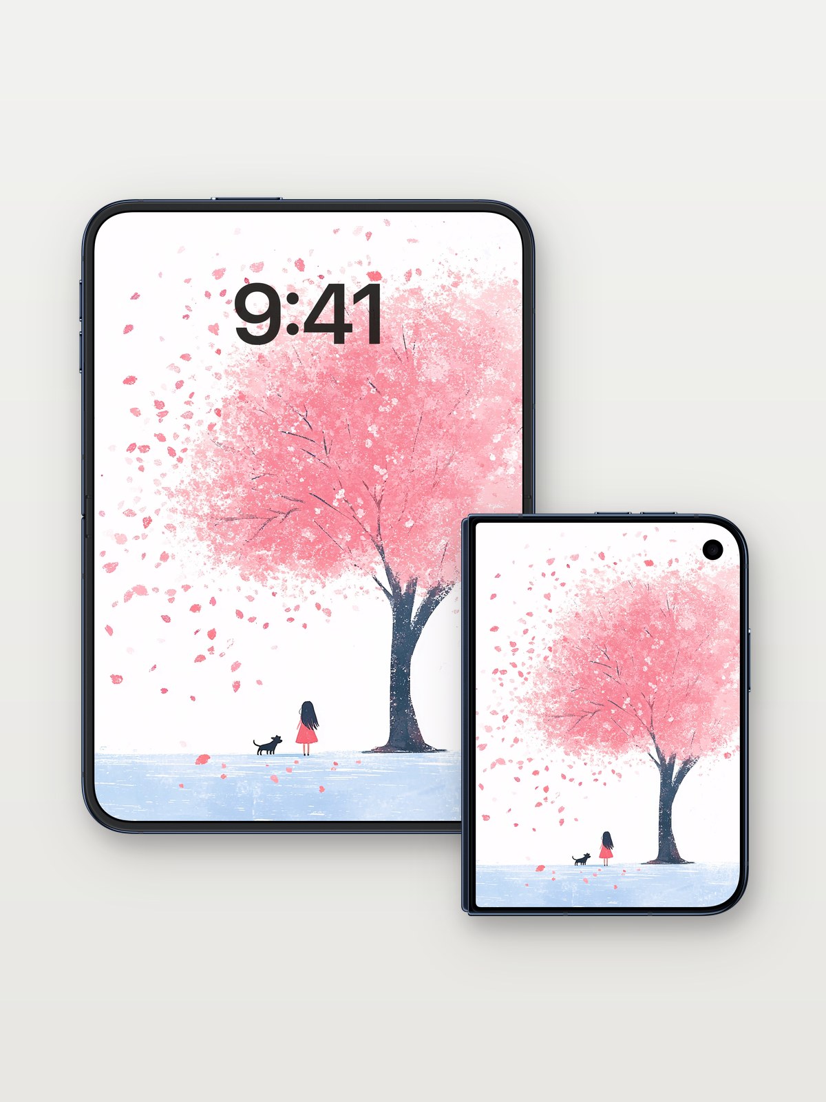 Serenity Cherry Tree Wallpaper with Floating Petals on iPhone Duo, open and closed